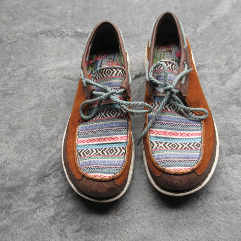Justin Boat Shoes Women 7M Brown Aztec Fair Isle Floral Casual Comfort Loafers